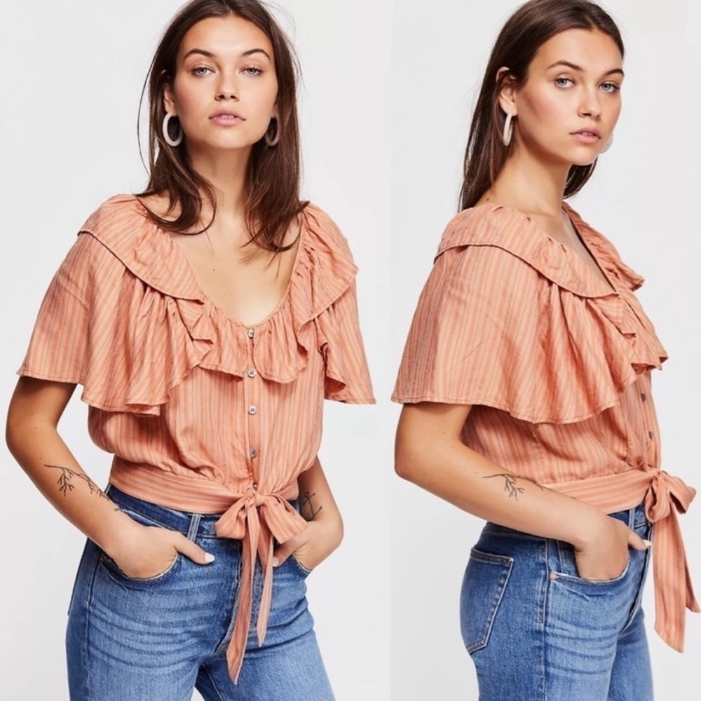 FREE PEOPLE Rosemary Tie Font Crop Top Ruffle Sleeves and Buttons Medium